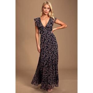 Lulus Darling Daydream Navy Blue Floral Print Ruffled Maxi Dress